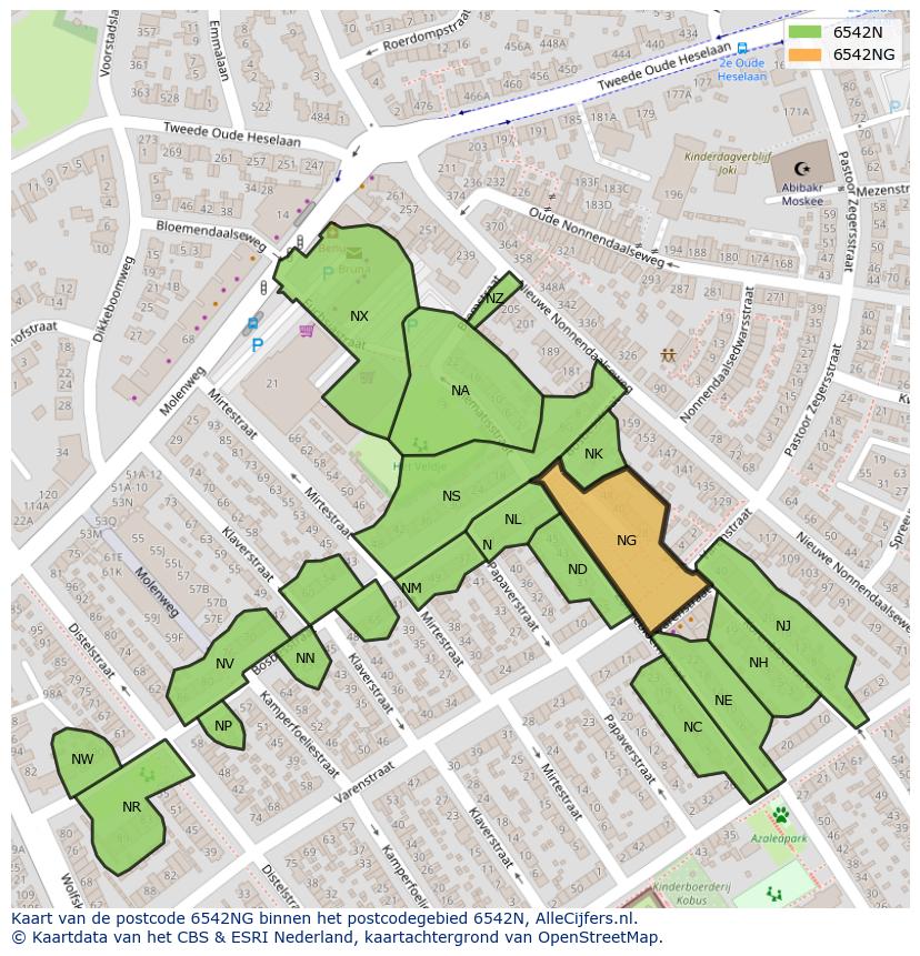Afbeelding van het postcodegebied 6542 NG op de kaart.