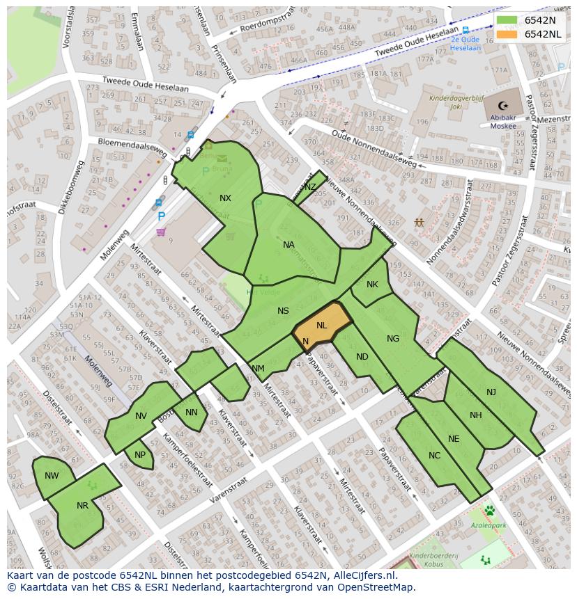 Afbeelding van het postcodegebied 6542 NL op de kaart.