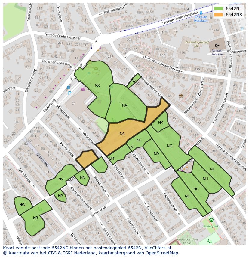 Afbeelding van het postcodegebied 6542 NS op de kaart.