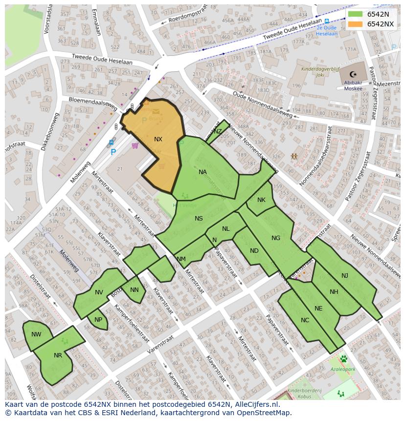 Afbeelding van het postcodegebied 6542 NX op de kaart.