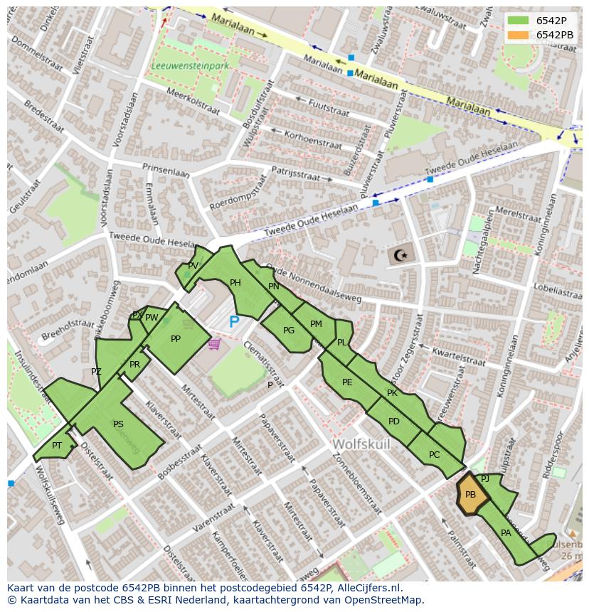 Afbeelding van het postcodegebied 6542 PB op de kaart.