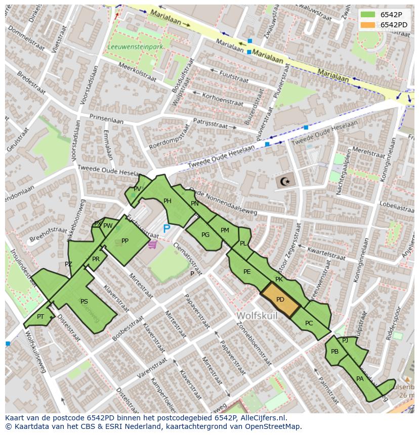 Afbeelding van het postcodegebied 6542 PD op de kaart.