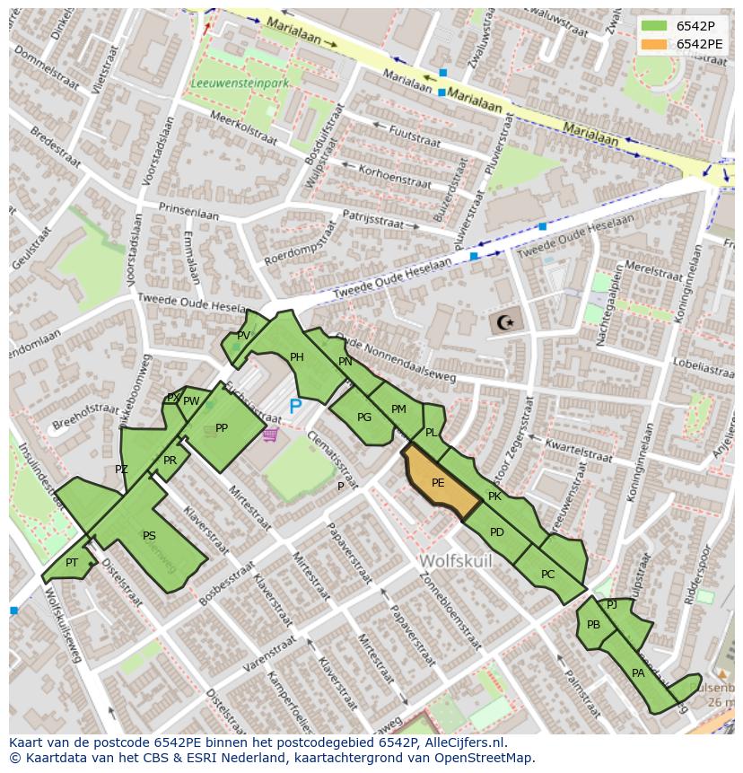 Afbeelding van het postcodegebied 6542 PE op de kaart.