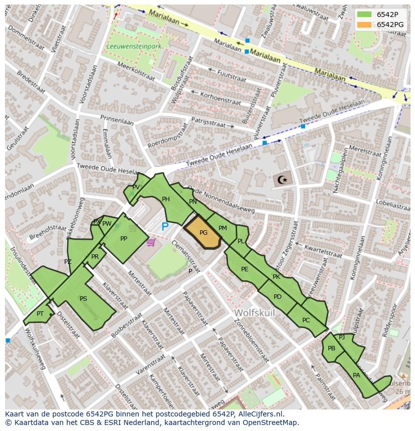 Afbeelding van het postcodegebied 6542 PG op de kaart.