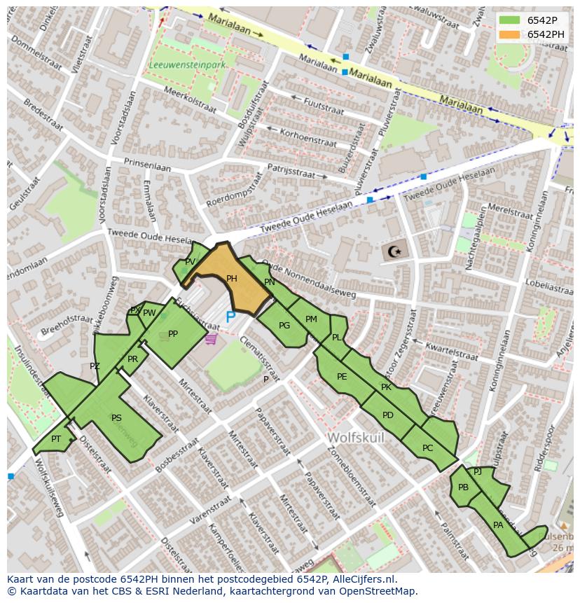Afbeelding van het postcodegebied 6542 PH op de kaart.