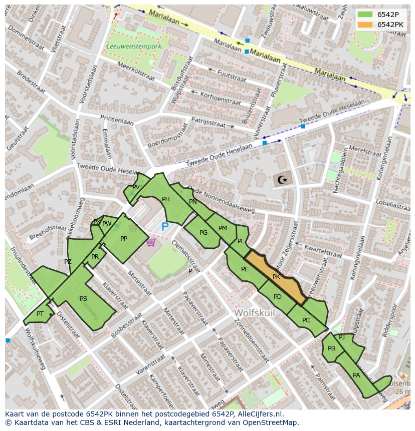 Afbeelding van het postcodegebied 6542 PK op de kaart.