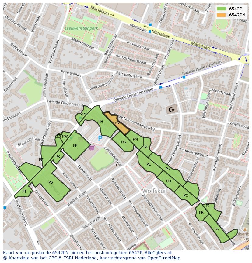 Afbeelding van het postcodegebied 6542 PN op de kaart.