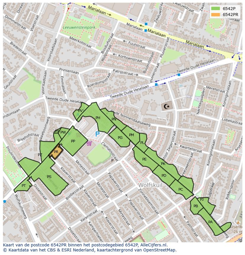 Afbeelding van het postcodegebied 6542 PR op de kaart.