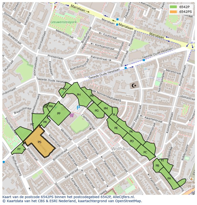Afbeelding van het postcodegebied 6542 PS op de kaart.
