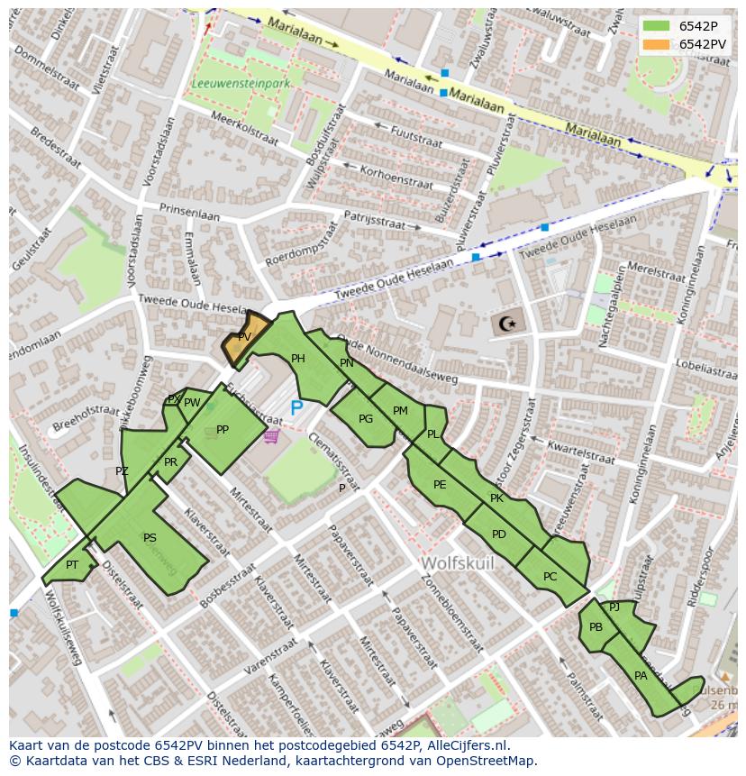 Afbeelding van het postcodegebied 6542 PV op de kaart.