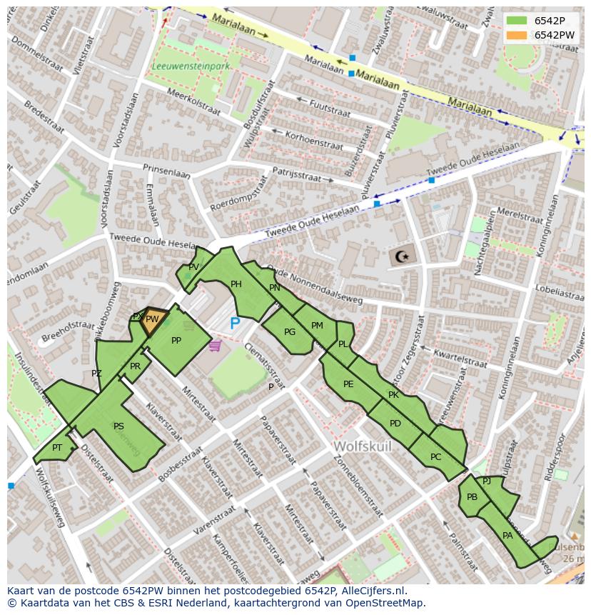 Afbeelding van het postcodegebied 6542 PW op de kaart.