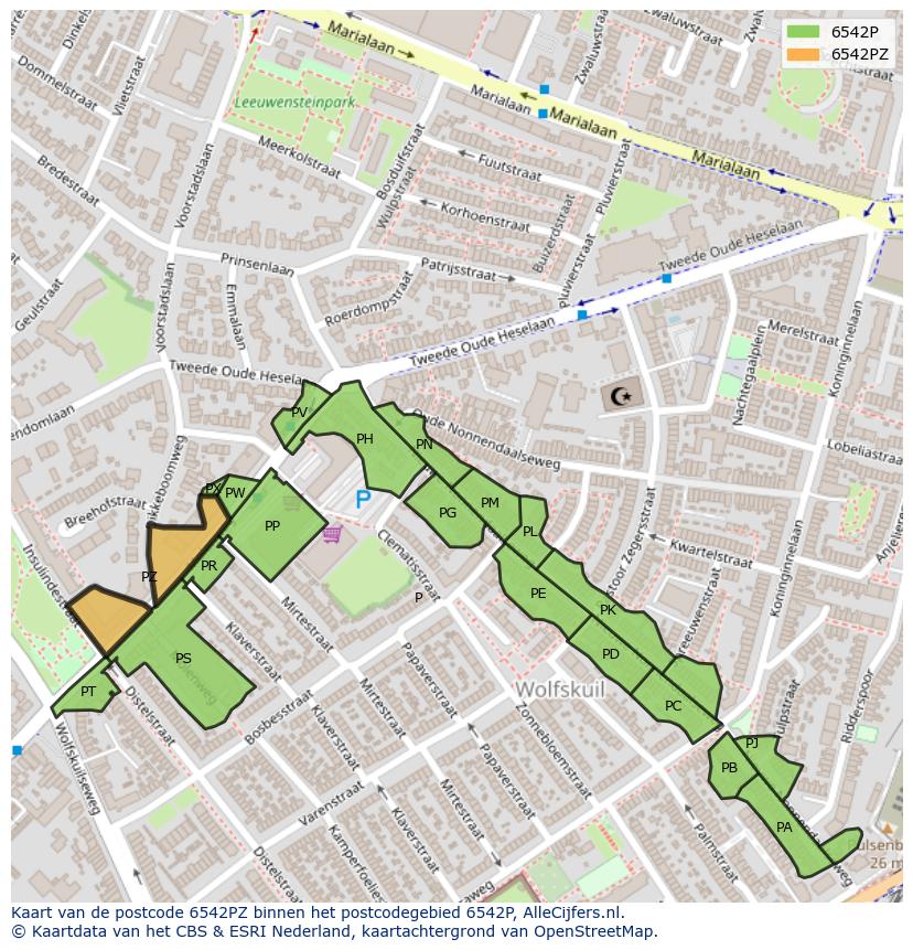 Afbeelding van het postcodegebied 6542 PZ op de kaart.