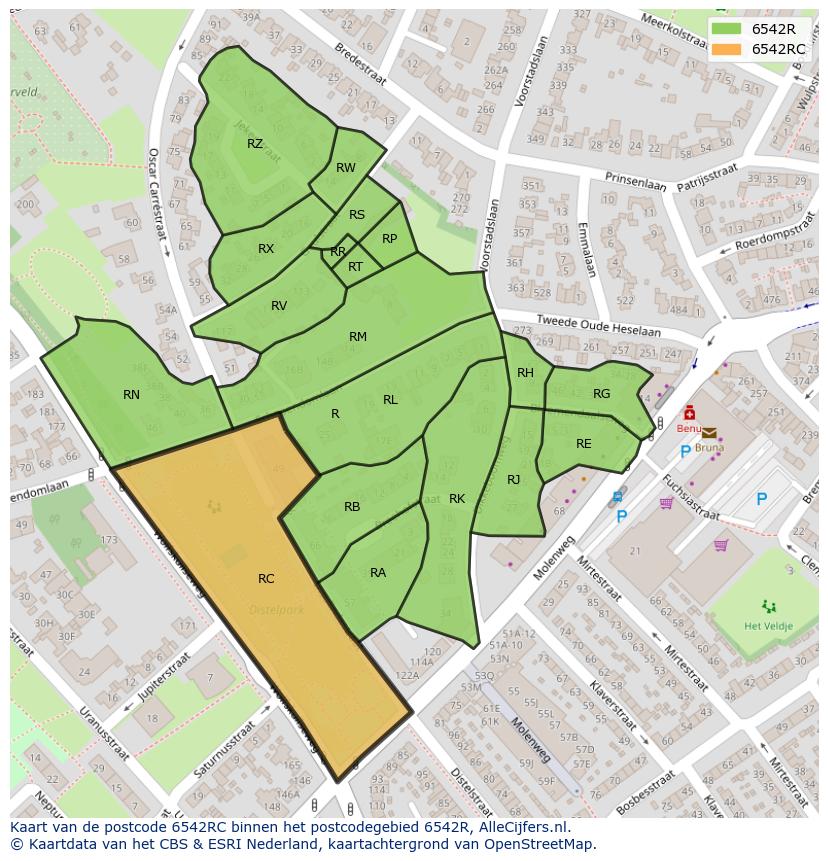 Afbeelding van het postcodegebied 6542 RC op de kaart.