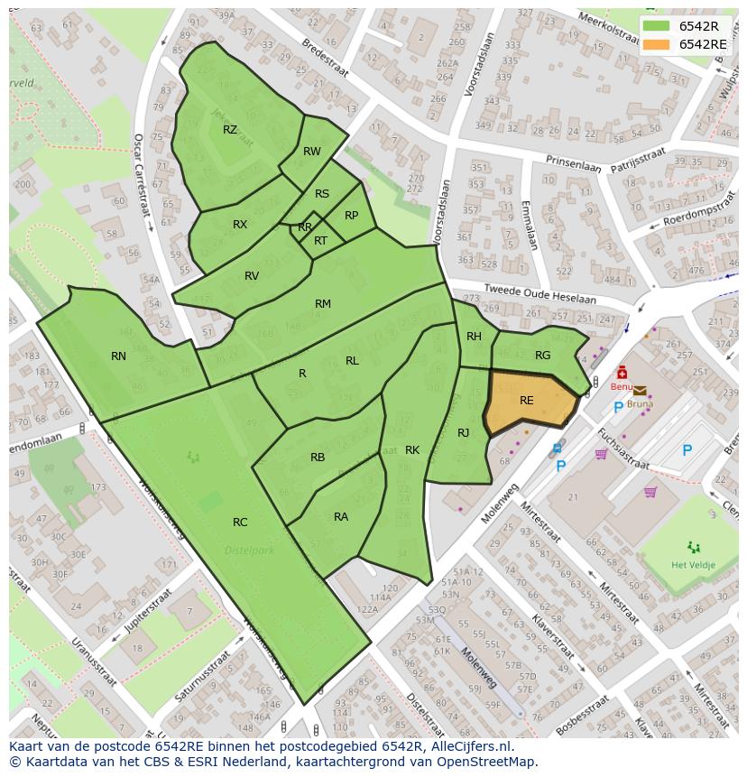 Afbeelding van het postcodegebied 6542 RE op de kaart.