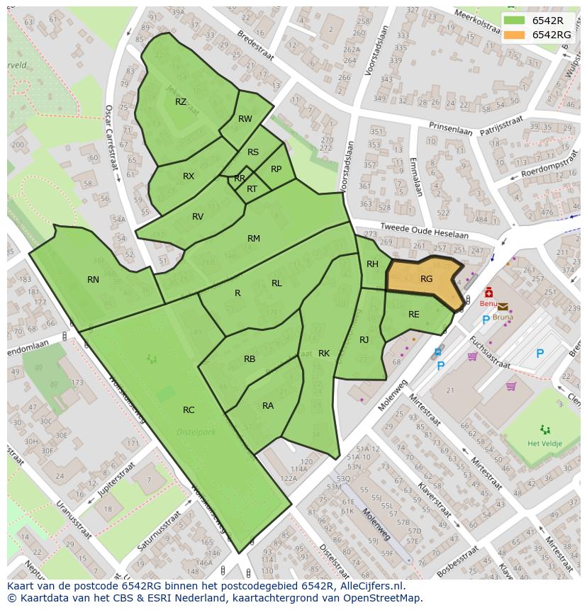 Afbeelding van het postcodegebied 6542 RG op de kaart.
