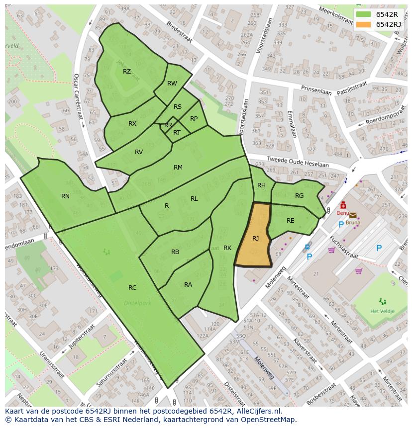 Afbeelding van het postcodegebied 6542 RJ op de kaart.