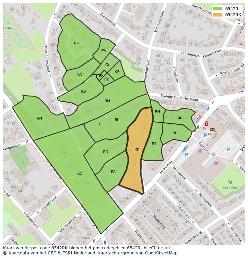 Afbeelding van het postcodegebied 6542 RK op de kaart.