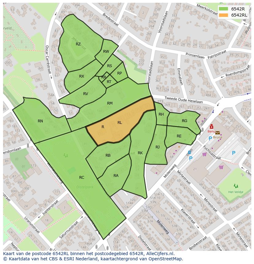 Afbeelding van het postcodegebied 6542 RL op de kaart.