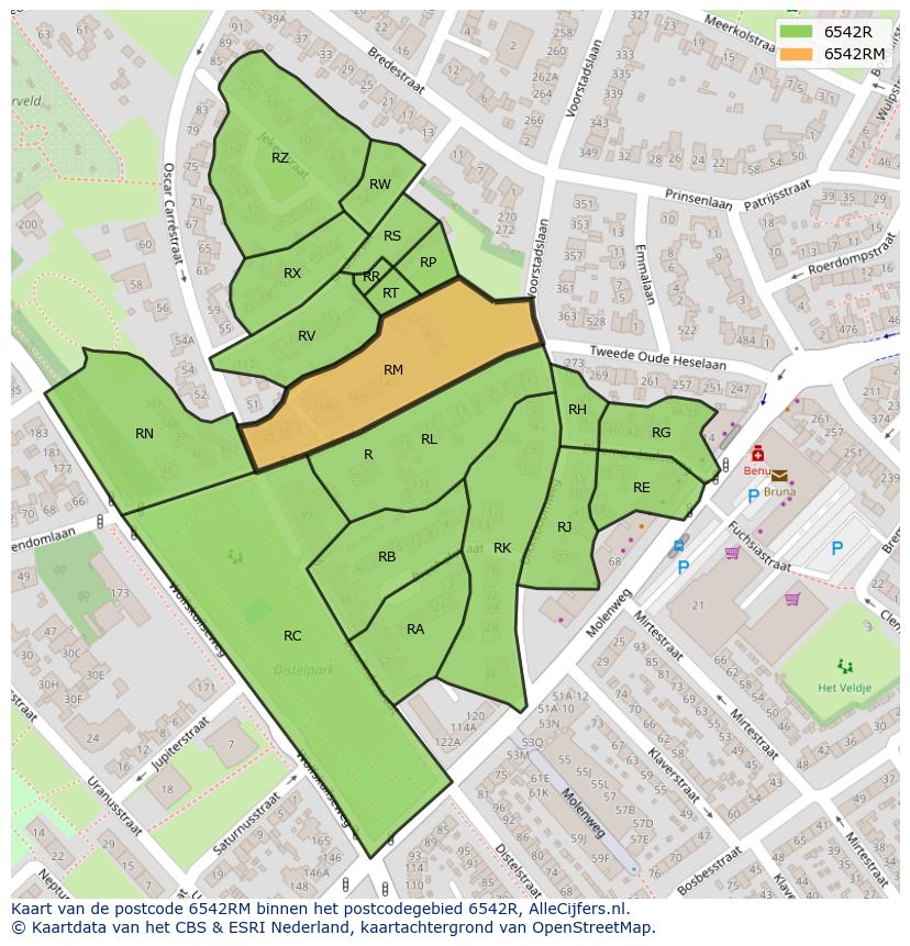 Afbeelding van het postcodegebied 6542 RM op de kaart.