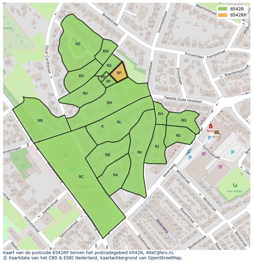 Afbeelding van het postcodegebied 6542 RP op de kaart.