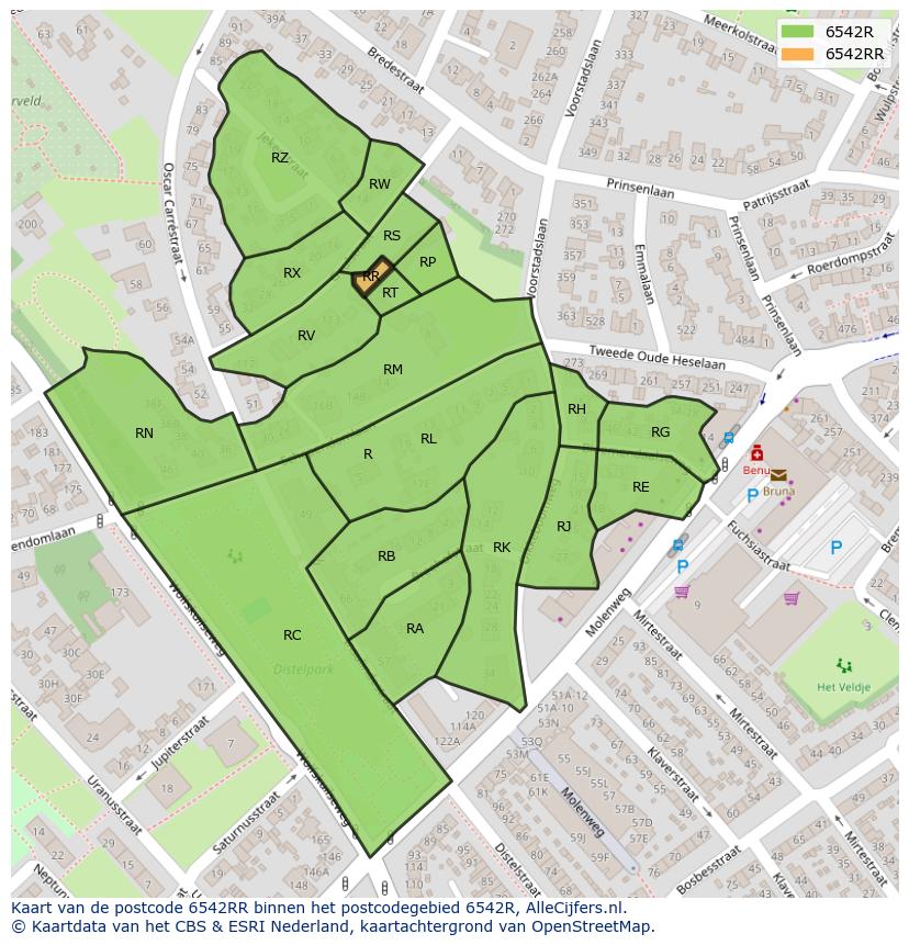 Afbeelding van het postcodegebied 6542 RR op de kaart.