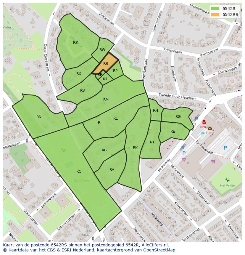 Afbeelding van het postcodegebied 6542 RS op de kaart.