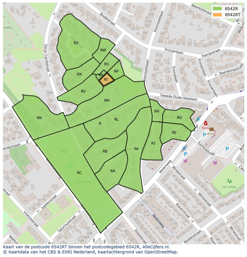 Afbeelding van het postcodegebied 6542 RT op de kaart.