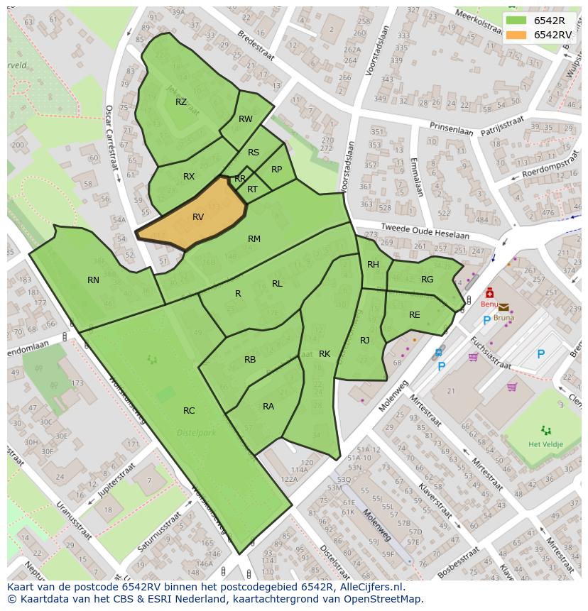 Afbeelding van het postcodegebied 6542 RV op de kaart.