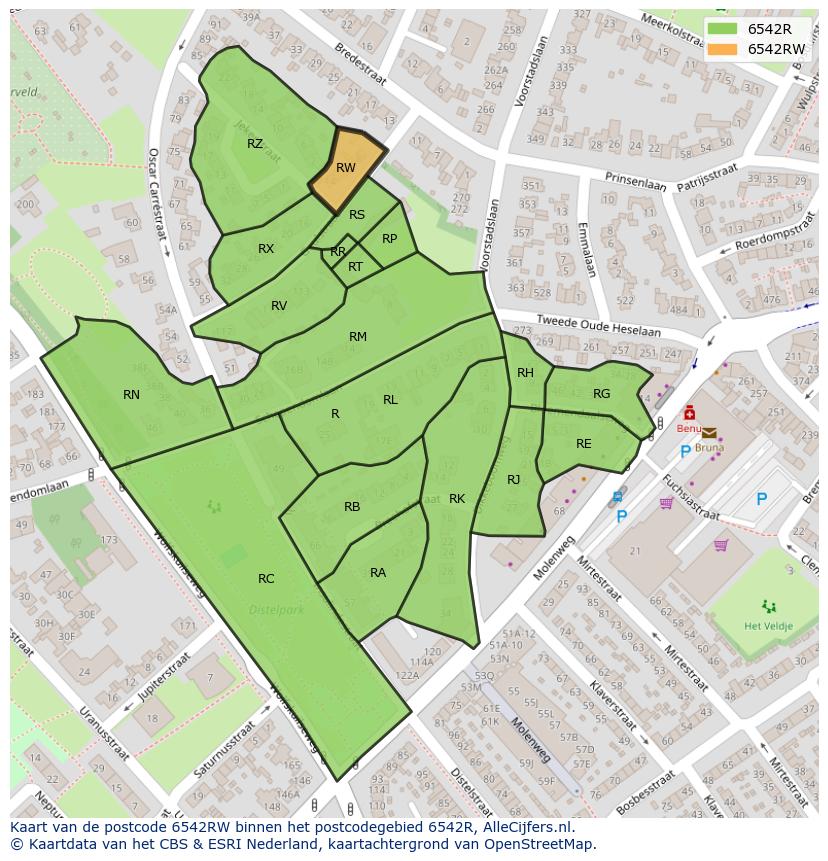 Afbeelding van het postcodegebied 6542 RW op de kaart.