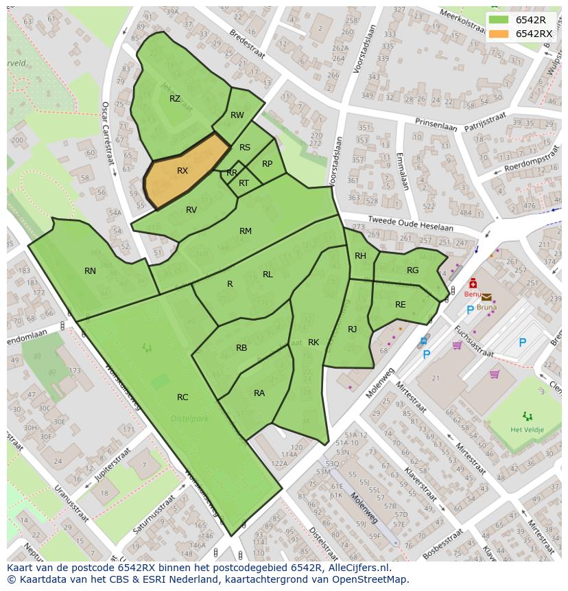 Afbeelding van het postcodegebied 6542 RX op de kaart.