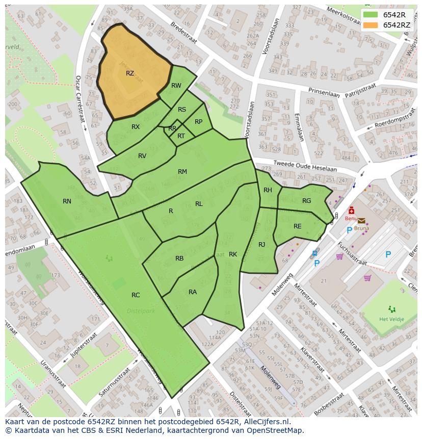 Afbeelding van het postcodegebied 6542 RZ op de kaart.