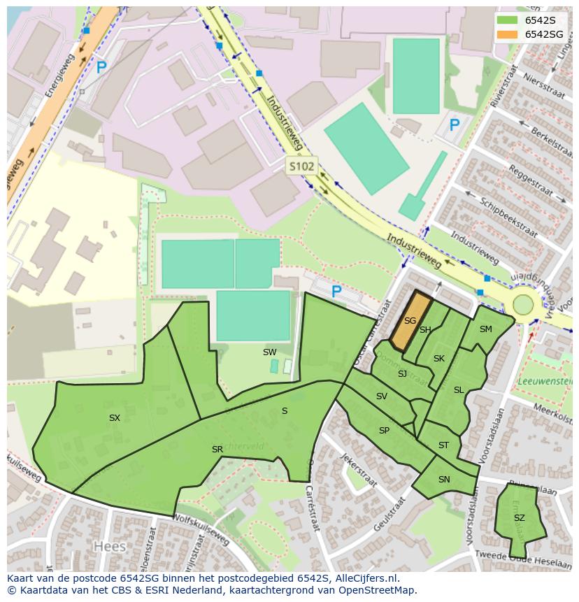 Afbeelding van het postcodegebied 6542 SG op de kaart.