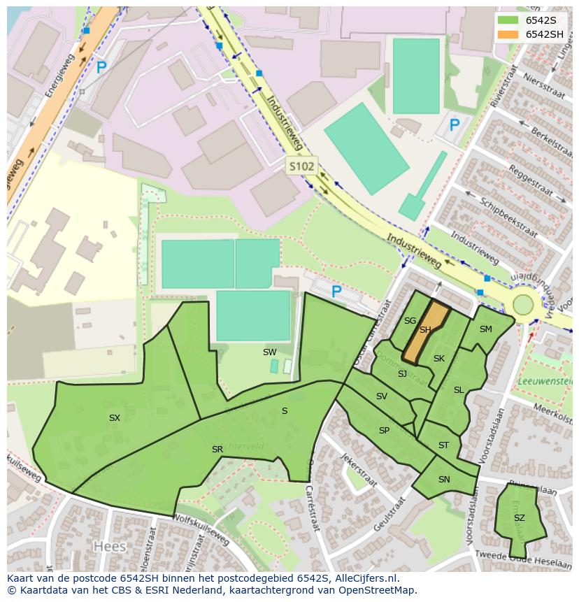 Afbeelding van het postcodegebied 6542 SH op de kaart.