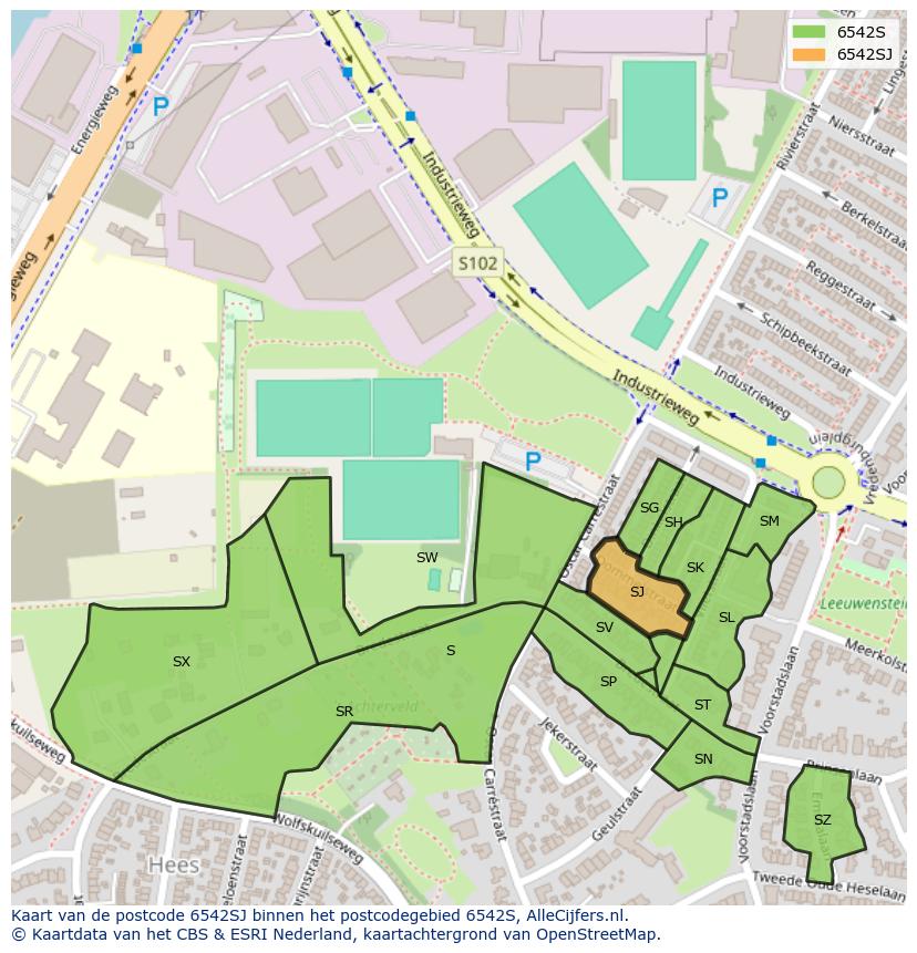 Afbeelding van het postcodegebied 6542 SJ op de kaart.