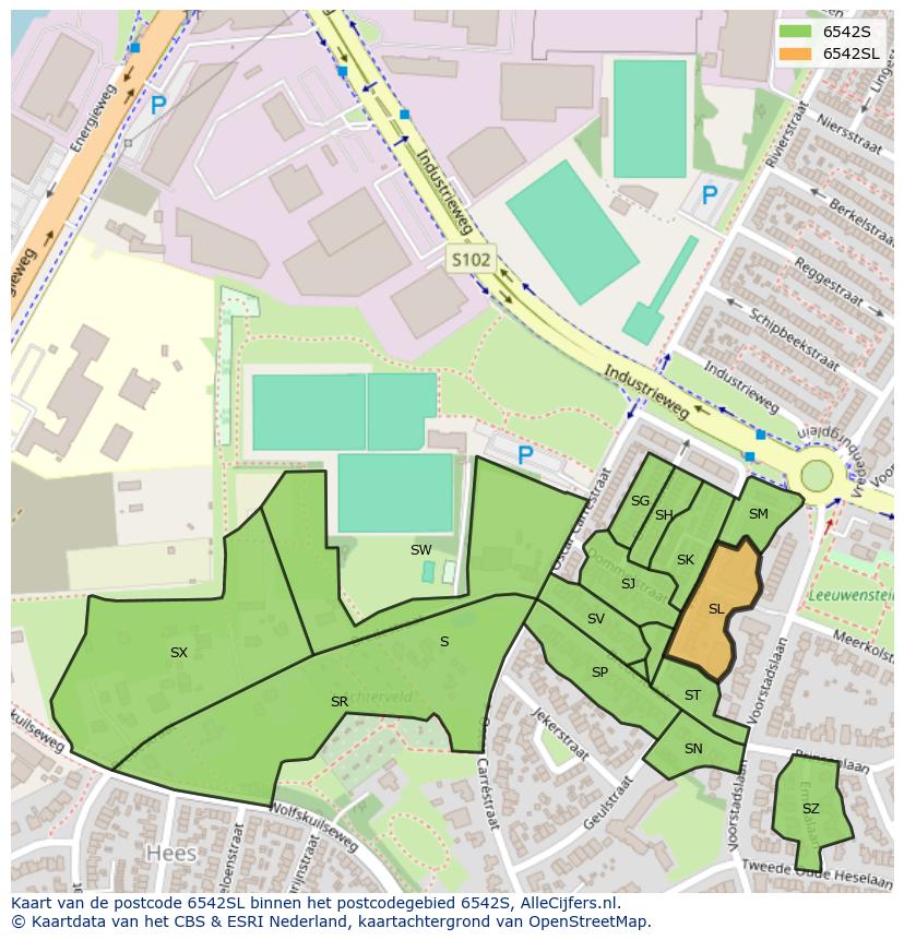 Afbeelding van het postcodegebied 6542 SL op de kaart.