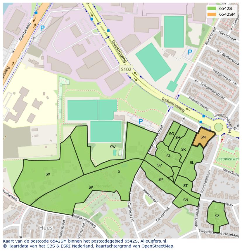 Afbeelding van het postcodegebied 6542 SM op de kaart.