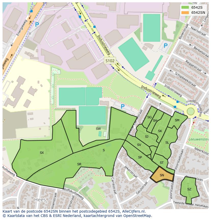Afbeelding van het postcodegebied 6542 SN op de kaart.