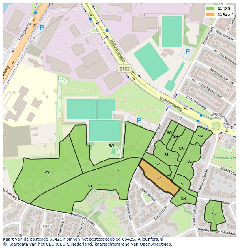 Afbeelding van het postcodegebied 6542 SP op de kaart.