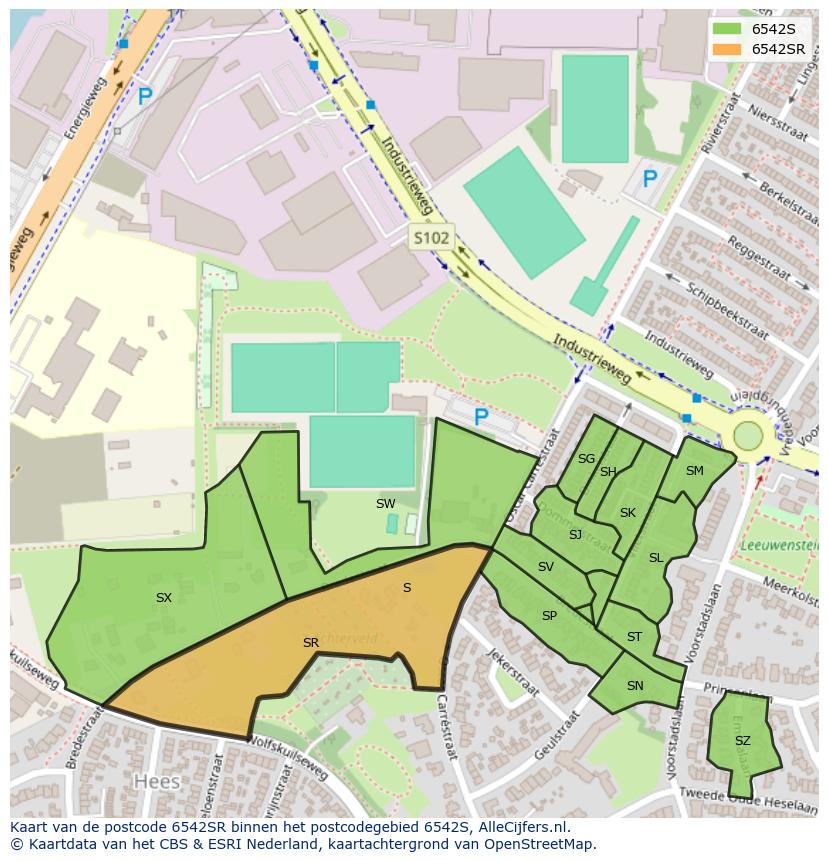 Afbeelding van het postcodegebied 6542 SR op de kaart.