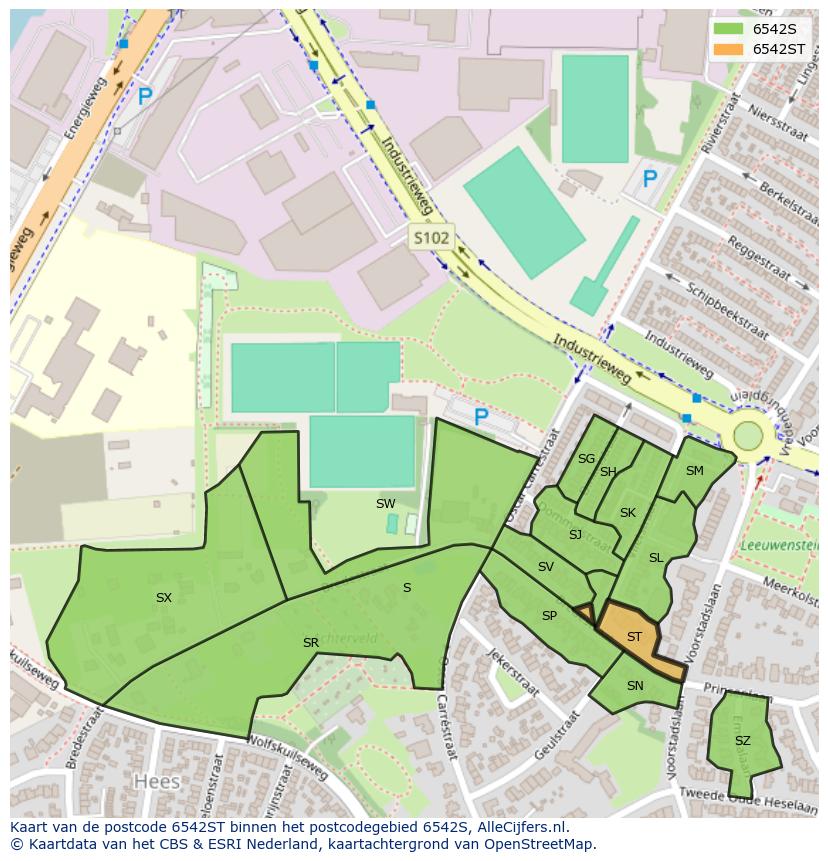 Afbeelding van het postcodegebied 6542 ST op de kaart.