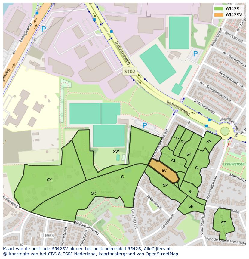 Afbeelding van het postcodegebied 6542 SV op de kaart.