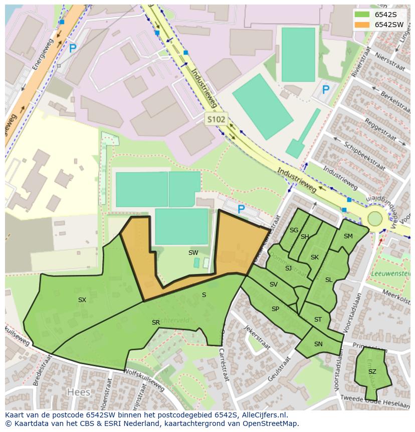 Afbeelding van het postcodegebied 6542 SW op de kaart.