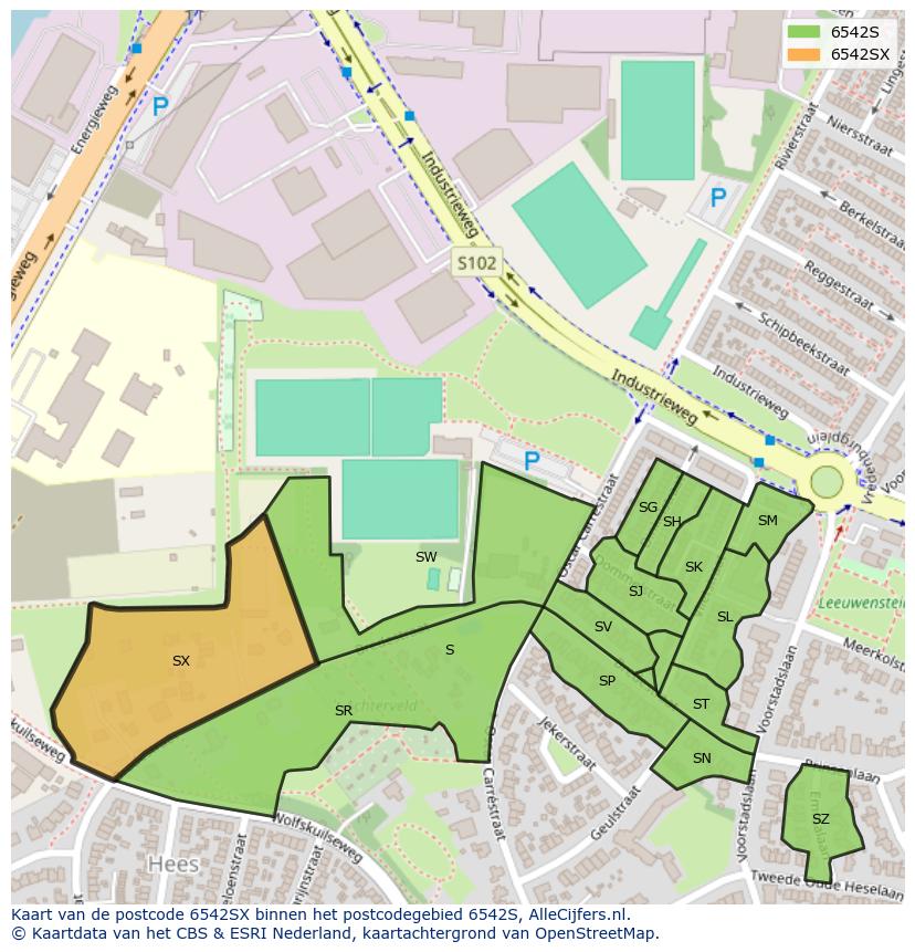Afbeelding van het postcodegebied 6542 SX op de kaart.