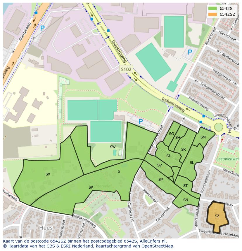 Afbeelding van het postcodegebied 6542 SZ op de kaart.