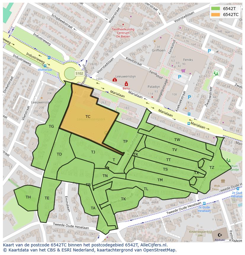 Afbeelding van het postcodegebied 6542 TC op de kaart.