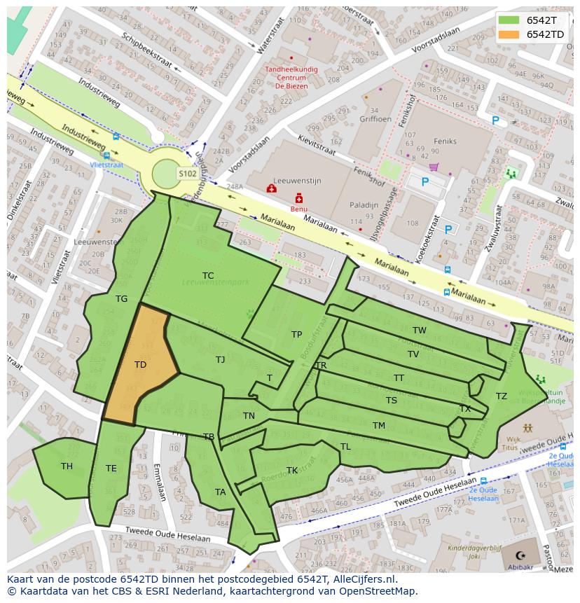 Afbeelding van het postcodegebied 6542 TD op de kaart.