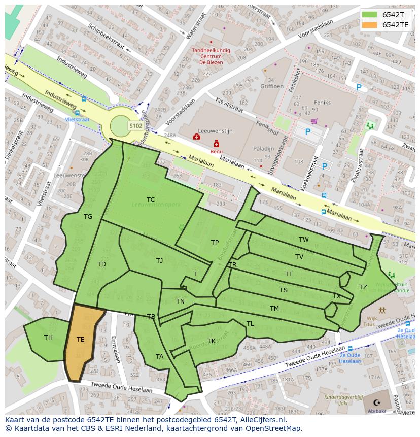 Afbeelding van het postcodegebied 6542 TE op de kaart.