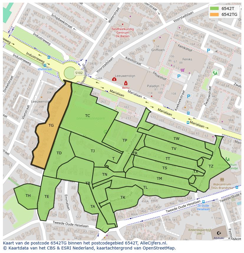Afbeelding van het postcodegebied 6542 TG op de kaart.