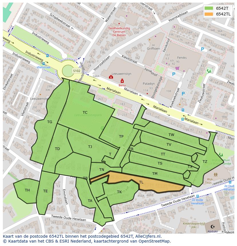 Afbeelding van het postcodegebied 6542 TL op de kaart.
