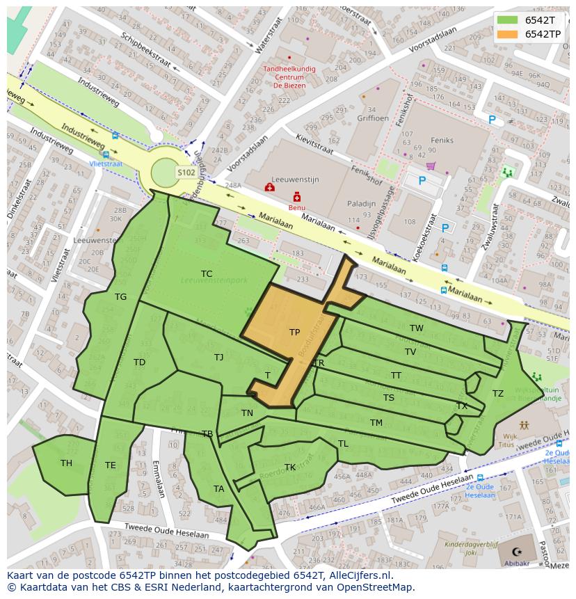 Afbeelding van het postcodegebied 6542 TP op de kaart.